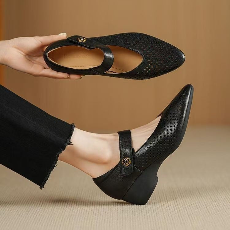 French-Style Wedge Flat Leather Shoes With Cutouts, Breathable Perforated Loafers, Commuting Shoes, New Summer 2025 Single Shoes - Image 1